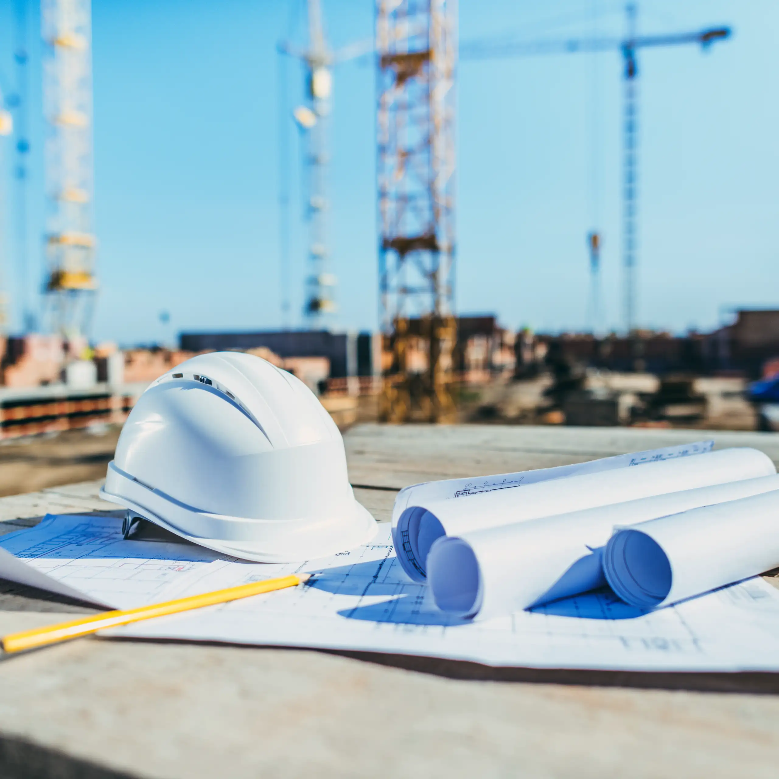 Kask ochronny i zwinięte plany budowlane na betonie na placu budowy – generalny wykonawca