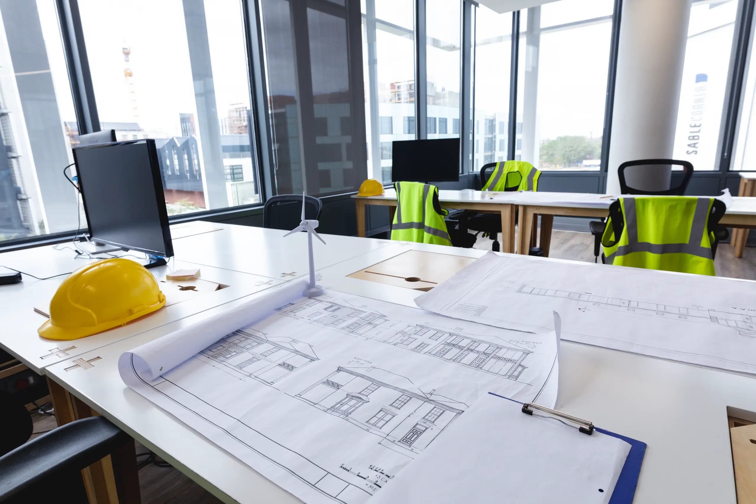 Biuro architekta z planami budowlanymi, modelem turbiny i kaskami ochronnymi